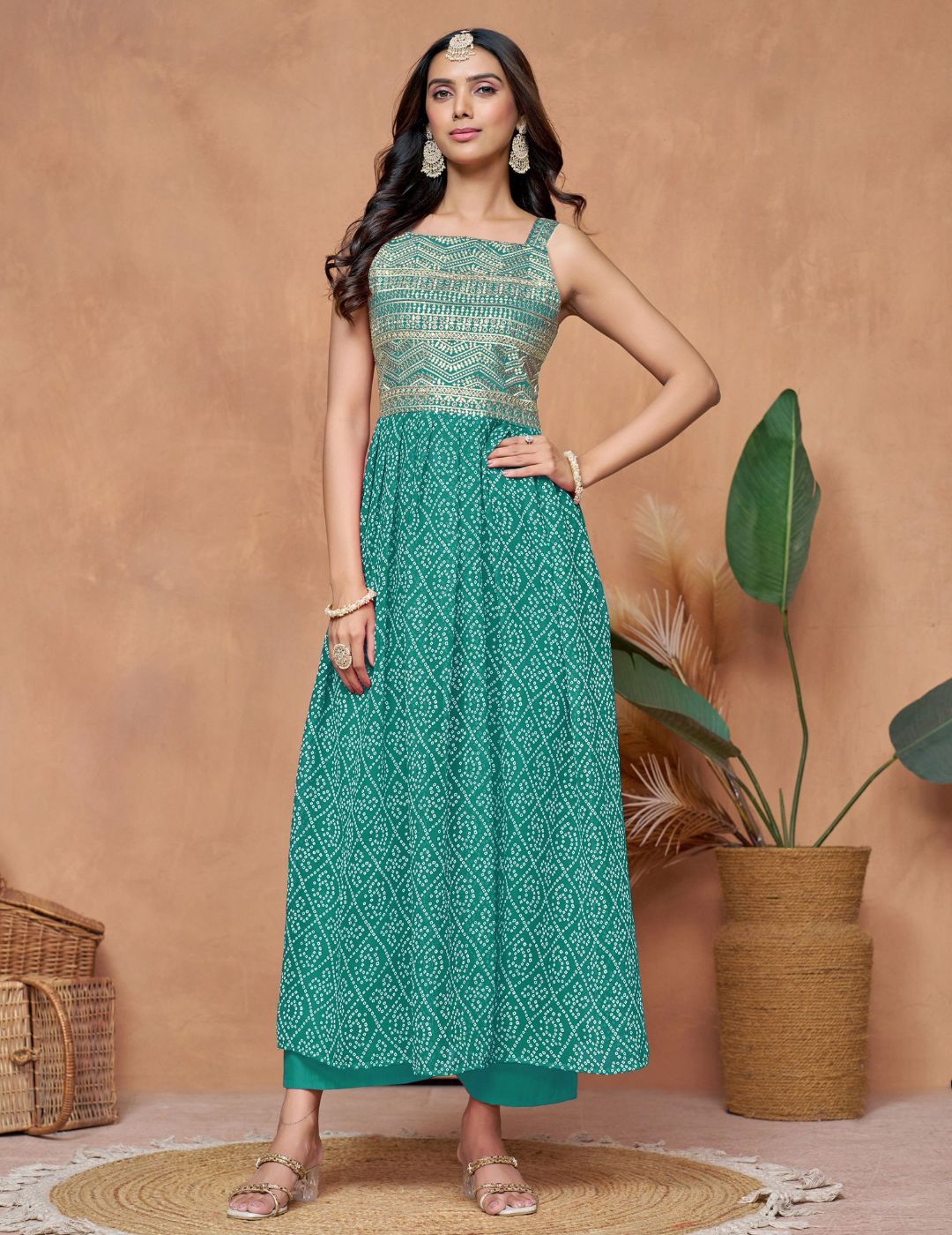 KALINI Georgette Bandhani Printed Square Neck Zari Work Embroidery Anarkali Kurta