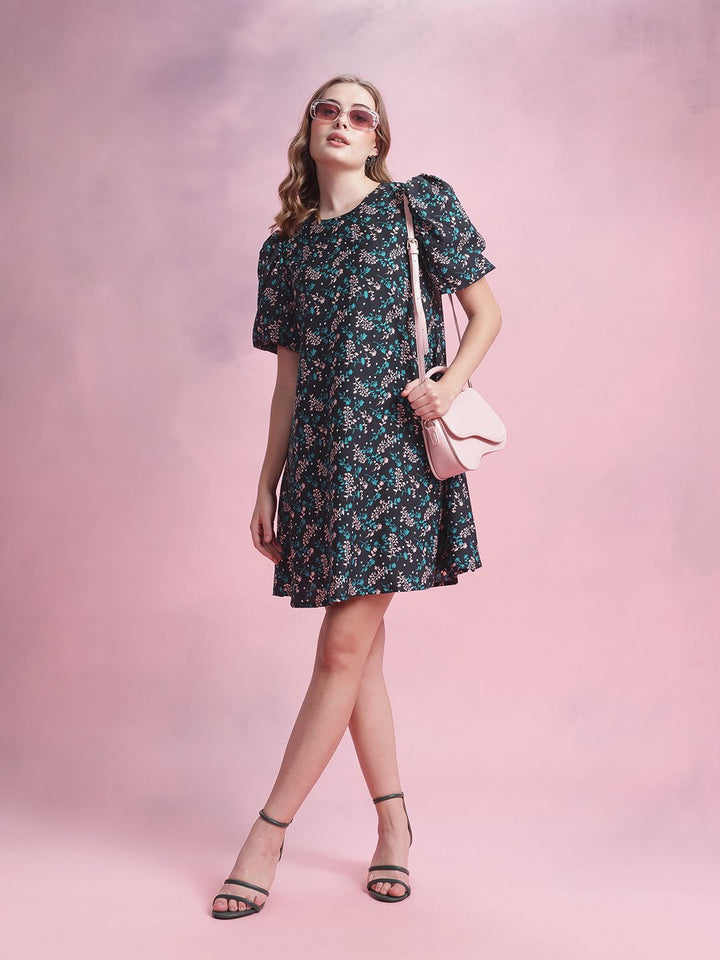 DressBerry Floral Print Puff Sleeve A-Line Dress