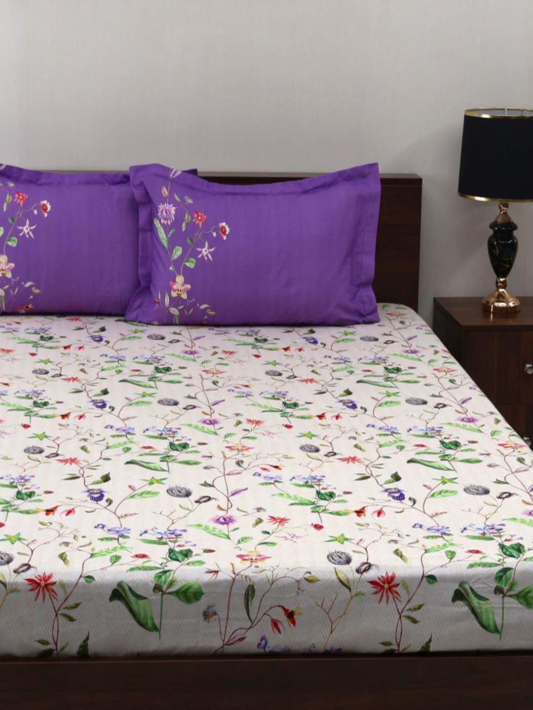 BOMBAY DYEING Blooming Muse Purple Floral Cotton 144 TC King Bedsheet Set 2.74 x 2.74 m