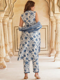 KALINI Floral Printed V-Neck Pure Cotton Straight Kurta & Trousers With Dupatta