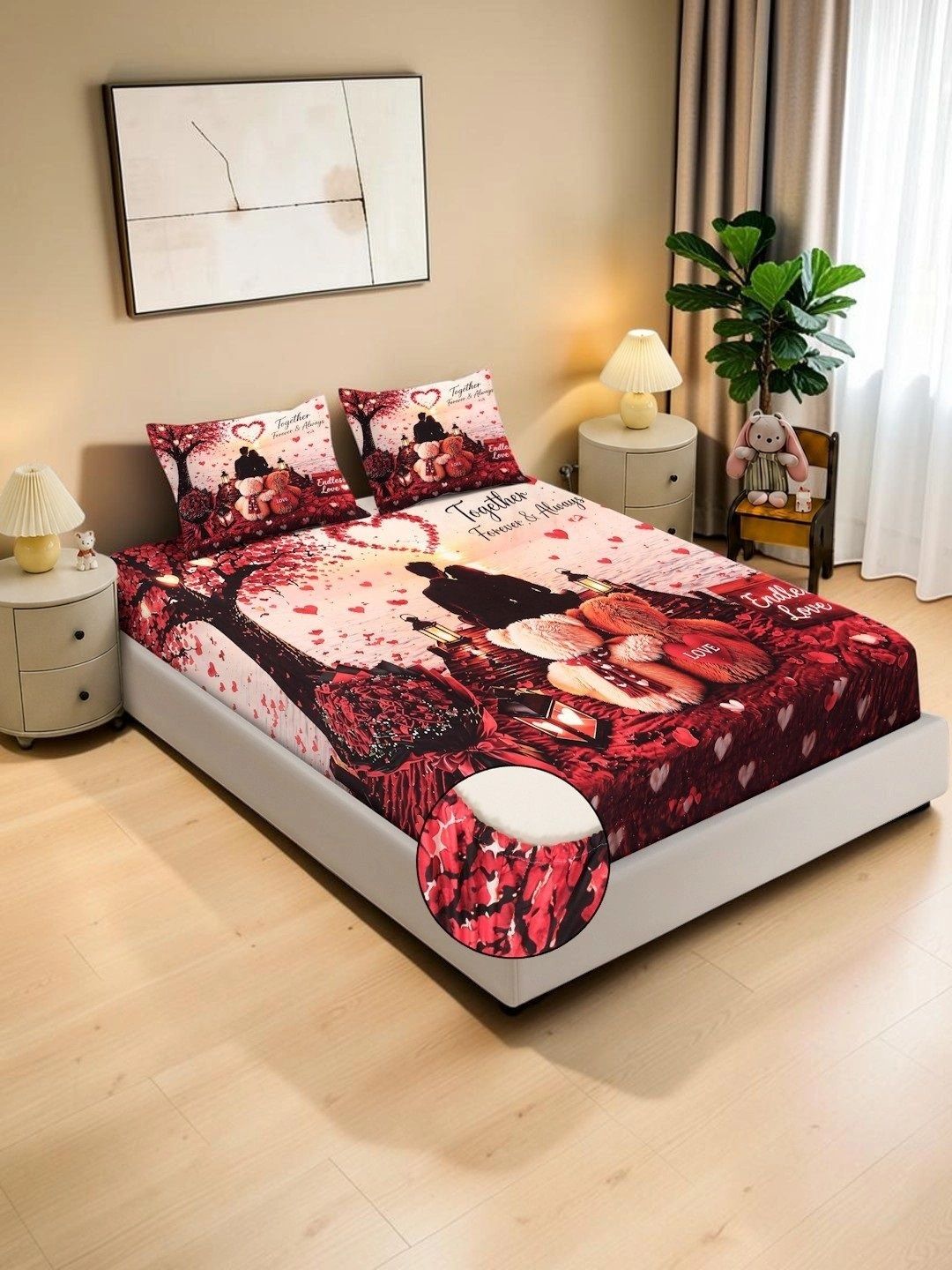 KLOTTHE Red Conversational 400 TC King Bedsheet with 2 Pillow Covers