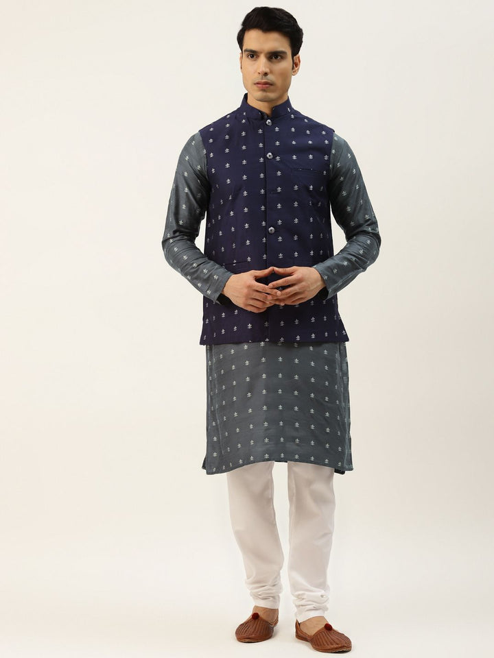 SOJANYA Men Charcoal Ethnic Motifs Kurta with Churidar & Nehru Jacket