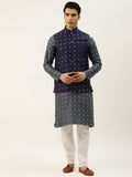SOJANYA Men Charcoal Ethnic Motifs Kurta with Churidar & Nehru Jacket