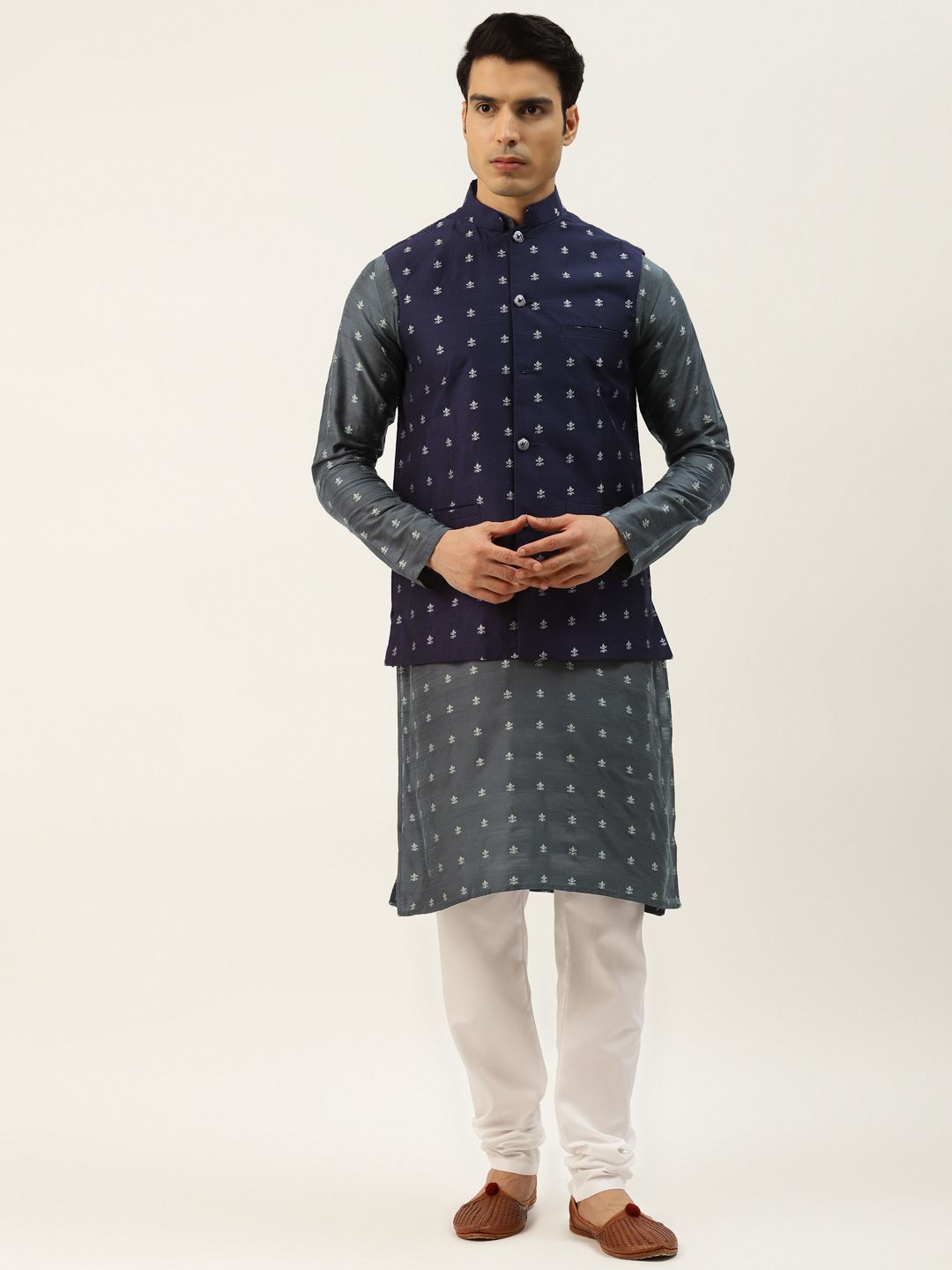 SOJANYA Men Charcoal Ethnic Motifs Kurta with Churidar & Nehru Jacket