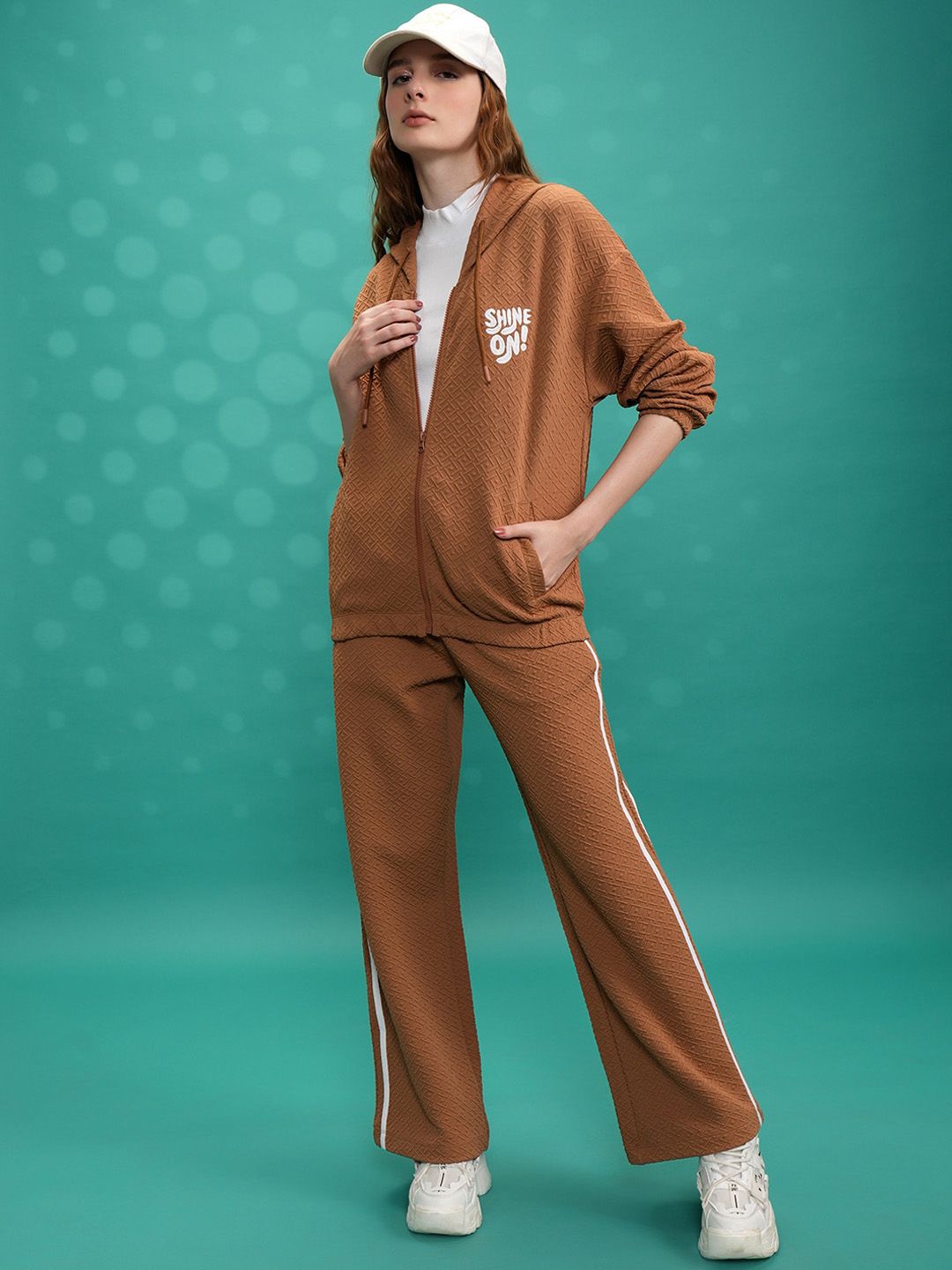 Tokyo Talkies Brown Self-Design Hooded Jacket With Track Pant Co-Ords