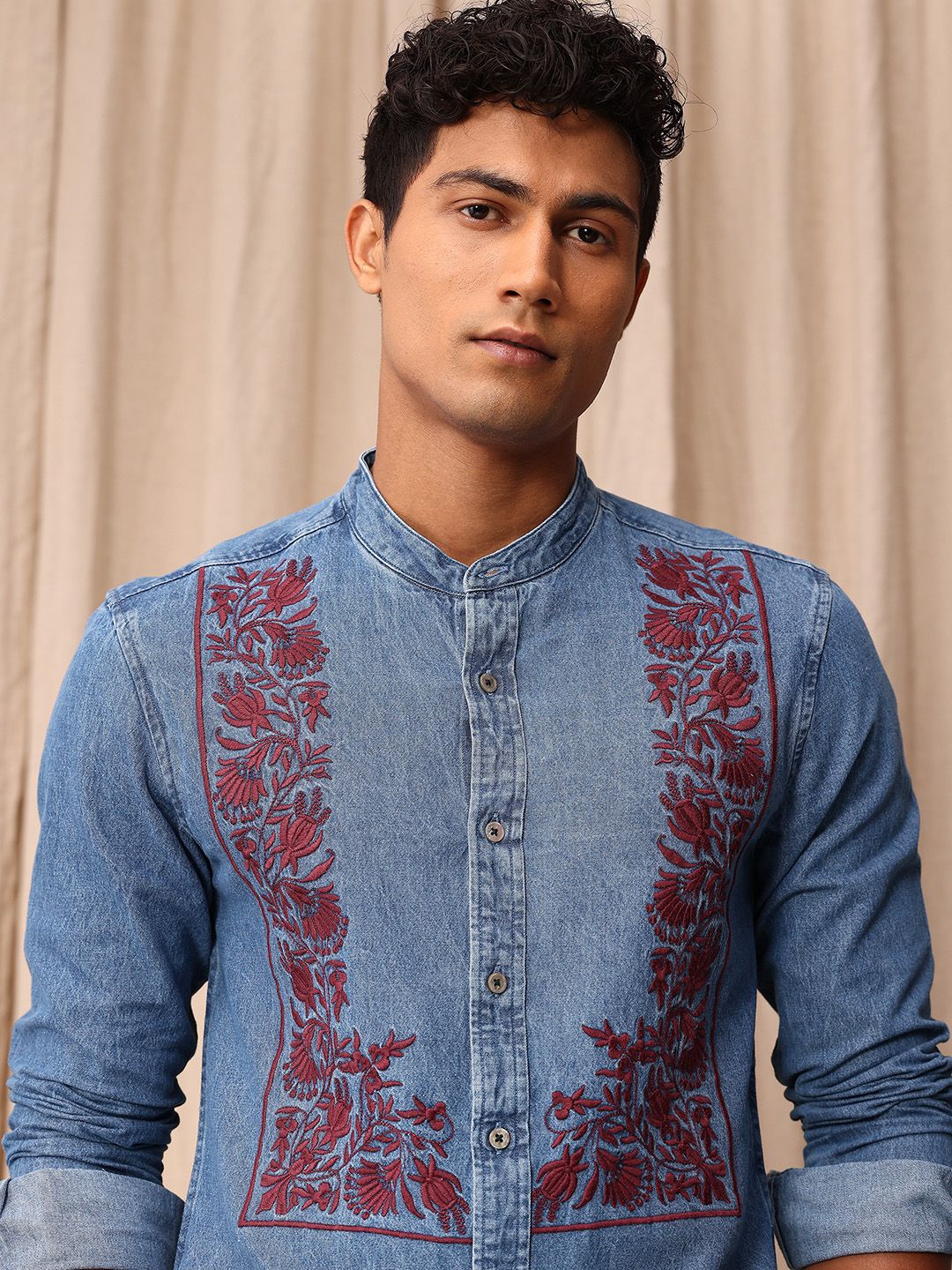 Mr Bowerbird Pure Cotton Tailored Fit Band Collar Floral Embroidered Chambray Casual Shirt