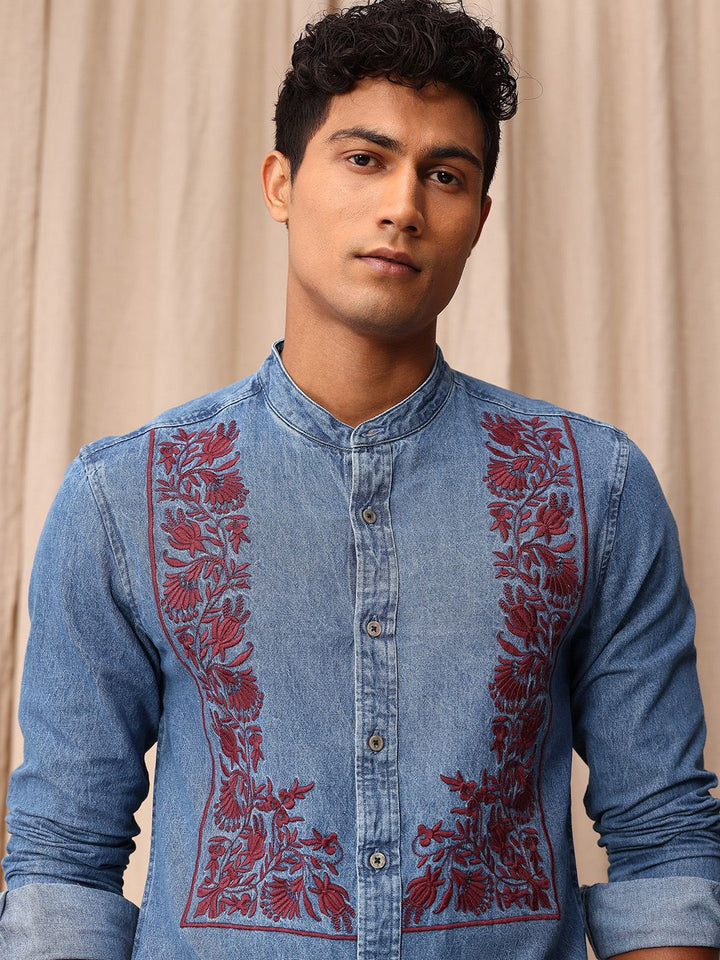 Mr Bowerbird Pure Cotton Tailored Fit Band Collar Floral Embroidered Chambray Casual Shirt