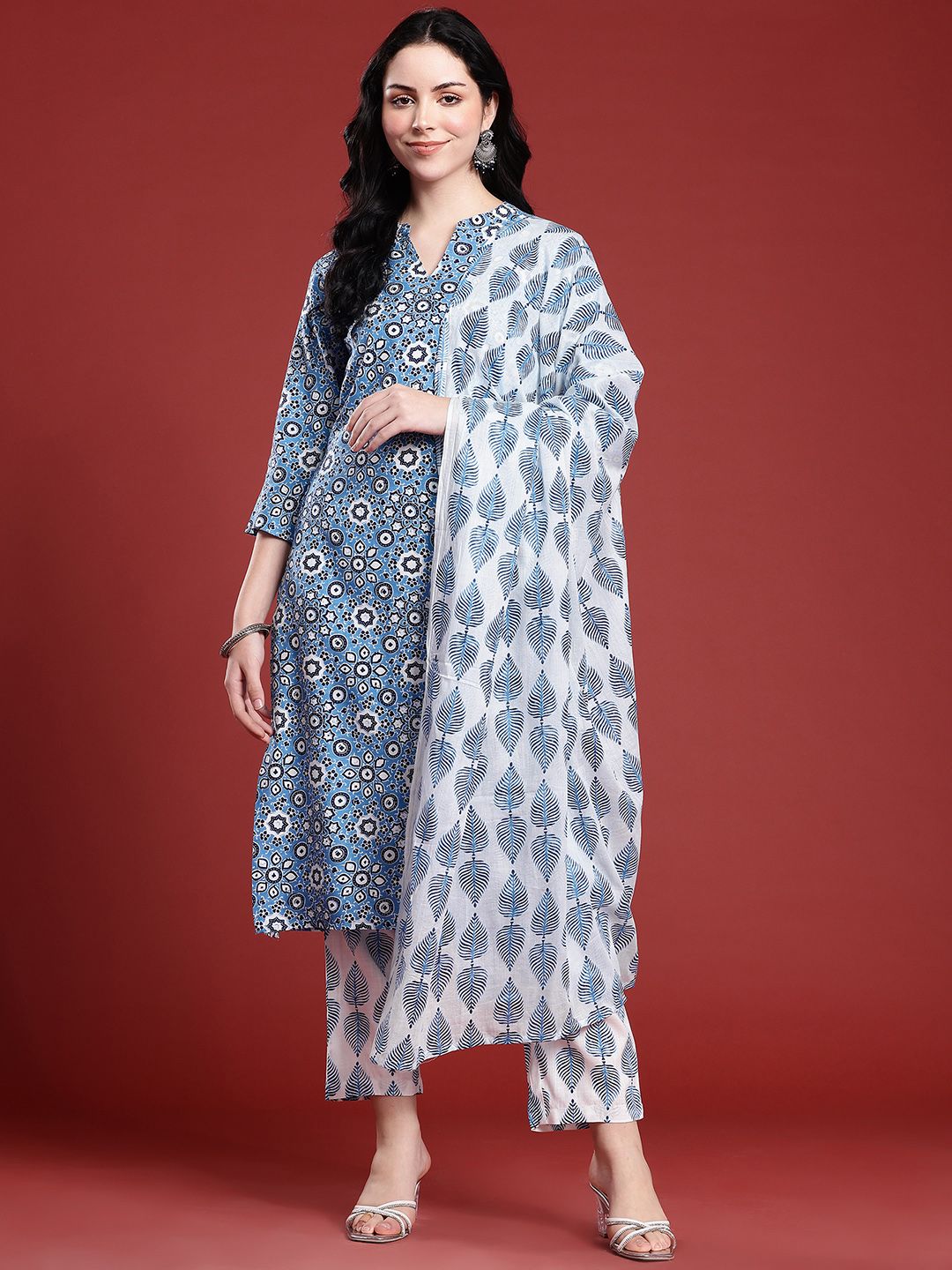 Anouk Ethnic Motifs Printed Band Collar Straight Kurta with Trousers & Dupatta