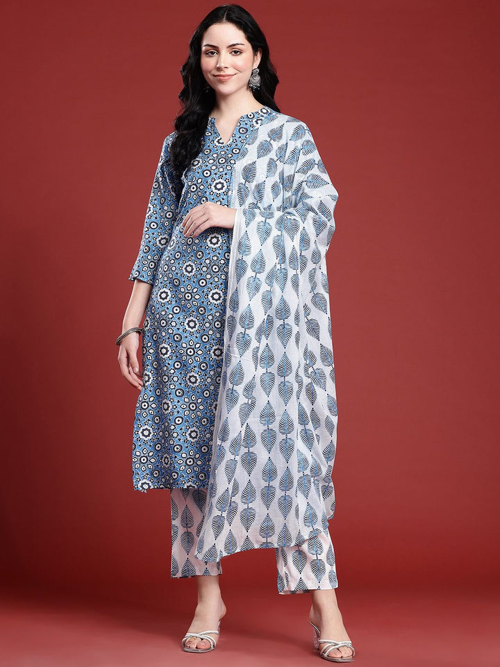 Anouk Ethnic Motifs Printed Band Collar Straight Kurta with Trousers & Dupatta