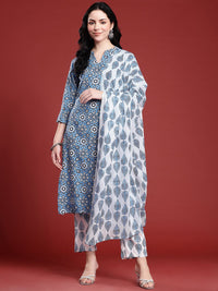 Anouk Ethnic Motifs Printed Band Collar Straight Kurta with Trousers & Dupatta