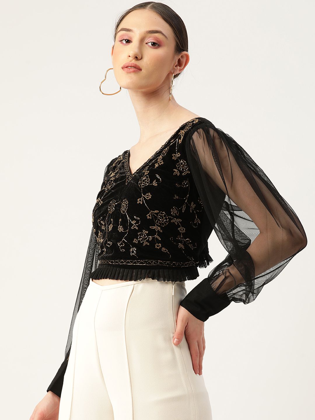 Antheaa Black Embellished Velvet Crop Top