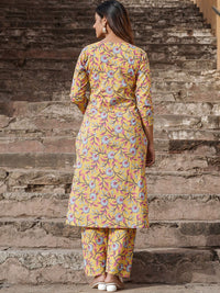 Kalini Floral Printed Keyhole Neck Pure Cotton Kurta dengan Seluar & Dupatta
