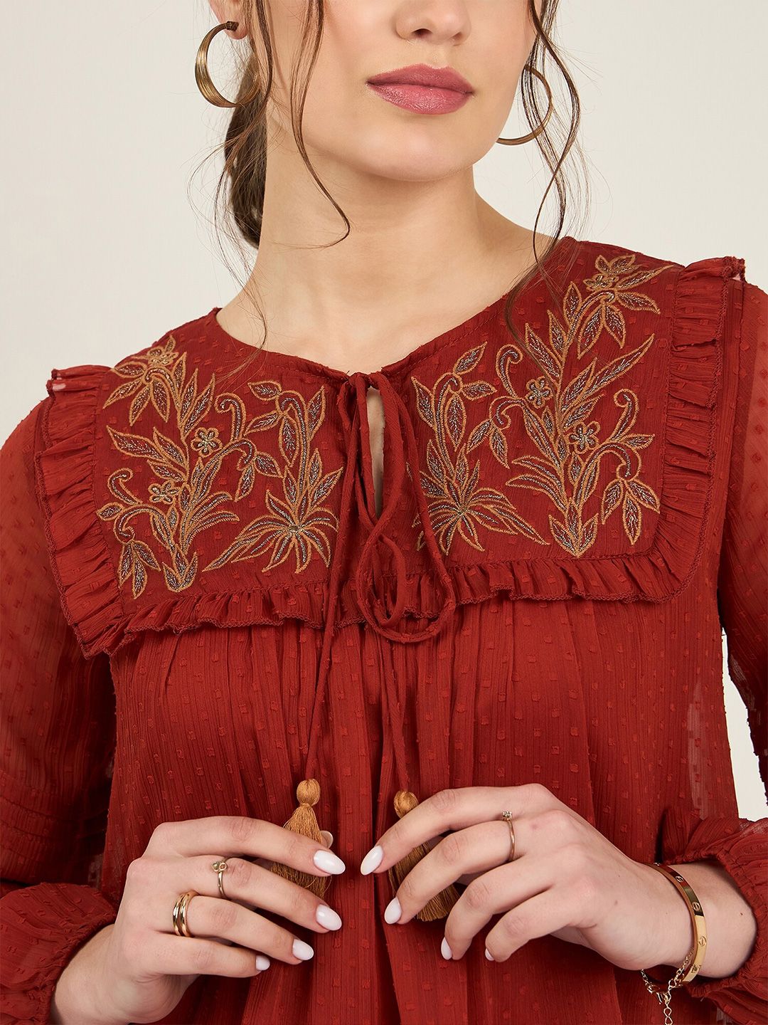 Antheaa Tie-Up Neck Puff Sleeve Chiffon Top