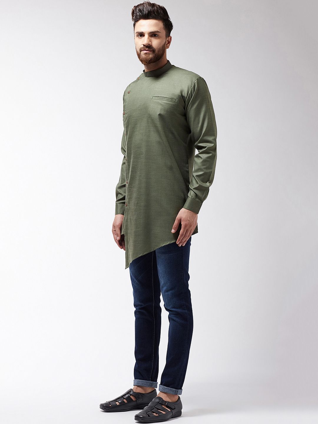 SOJANYA Kurta Asymmetric Pepejal Hijau Zaitun Lelaki