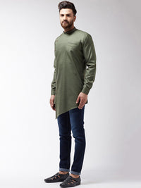 SOJANYA Men Olive Green Solid Asymmetric Kurta