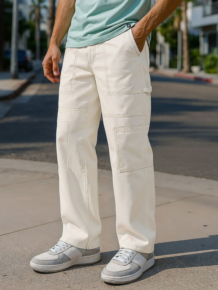 Bewakoof Men's Beige Baggy Cargo Carpenter Mid-Rise Jeans