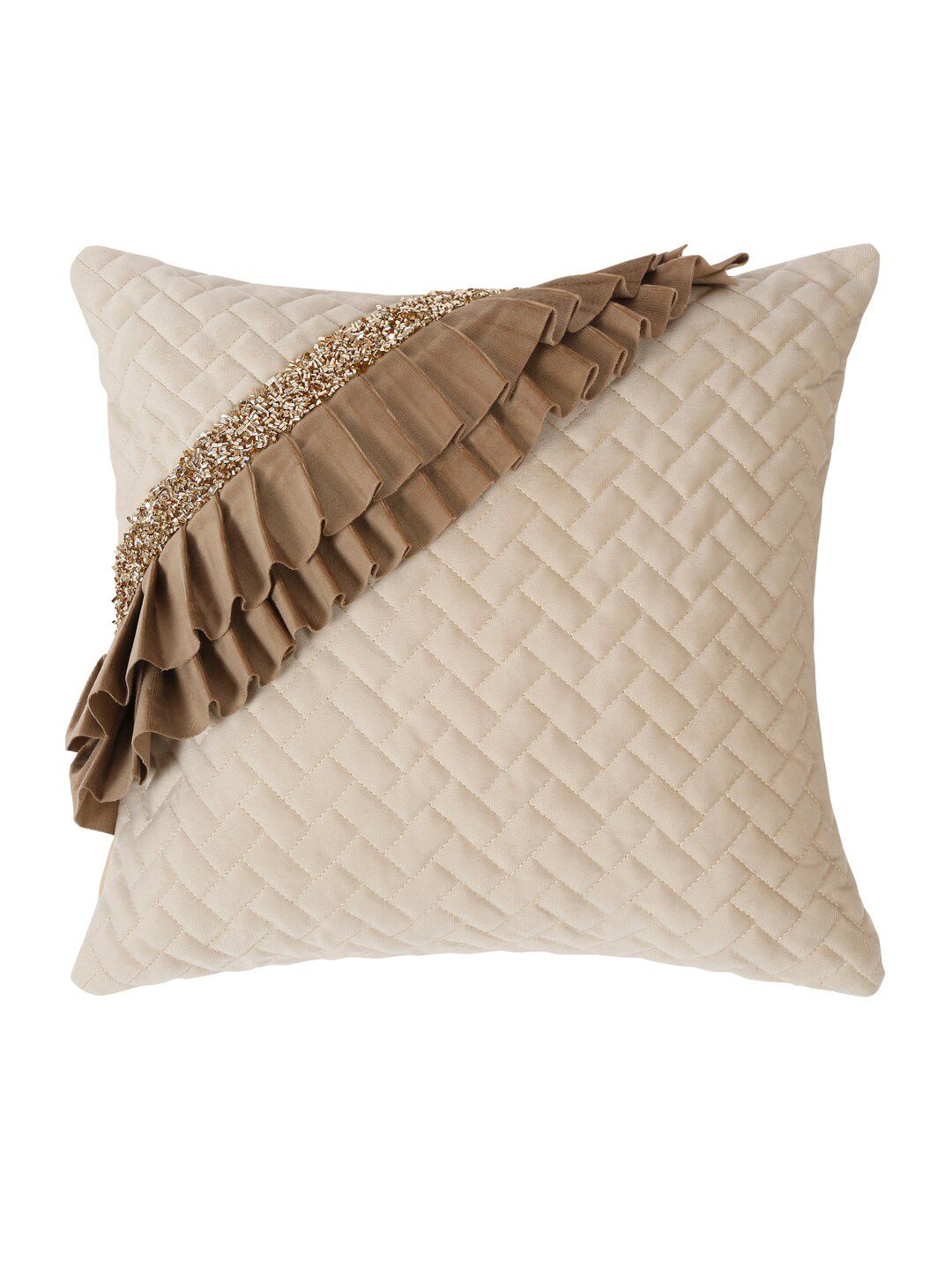 HOSTA HOMES Cream-Coloured & Brown 2 Pieces Embellished Square Cushion Covers