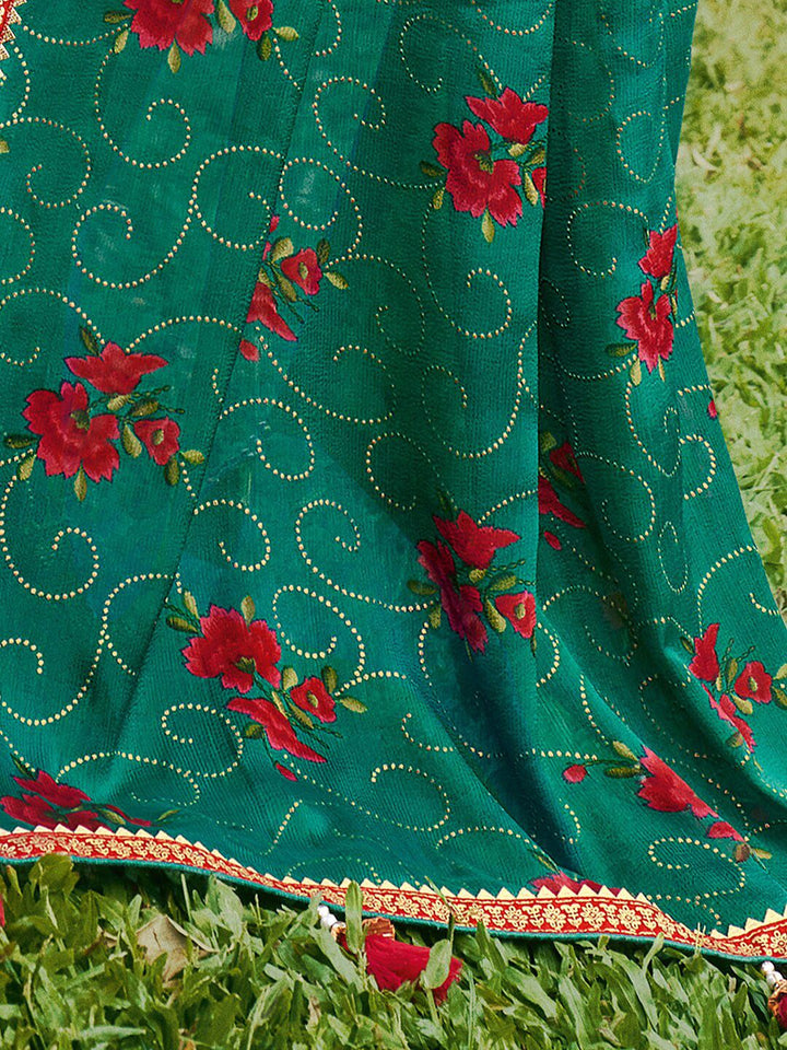 Saree mall Sea Green Red Floral Poly Chiffon Sarees