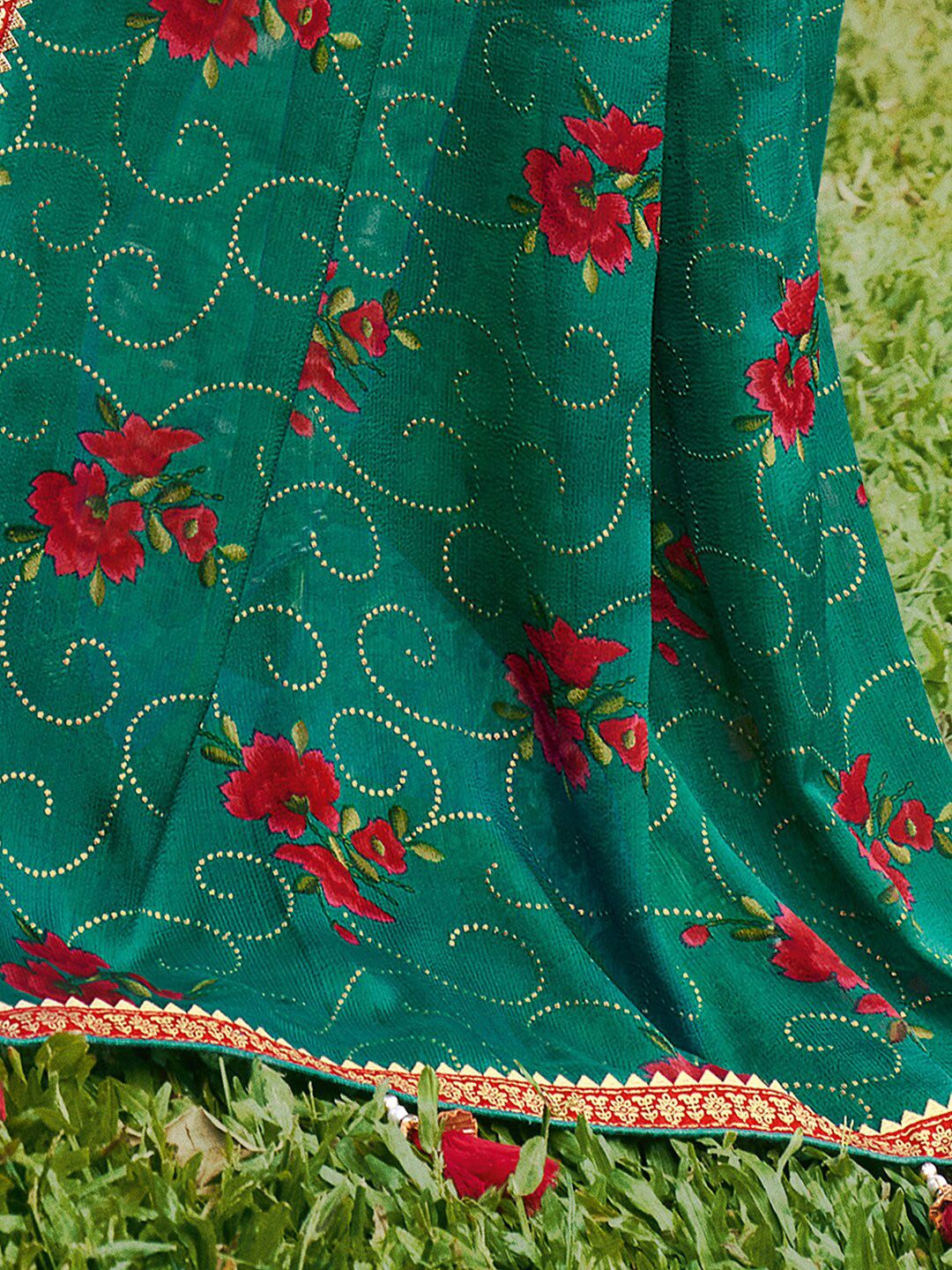 Saree mall Sea Green Red Floral Poly Chiffon Sarees