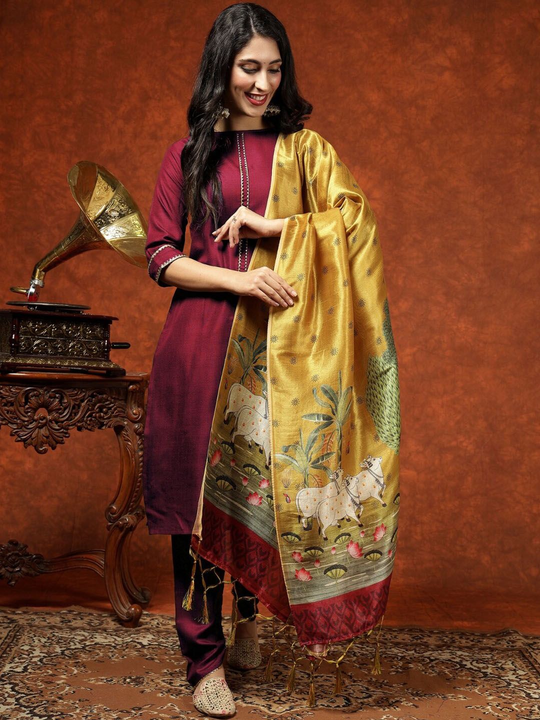 Kalini Women Straight Kurta Pant Set With Digital Print Dupatta