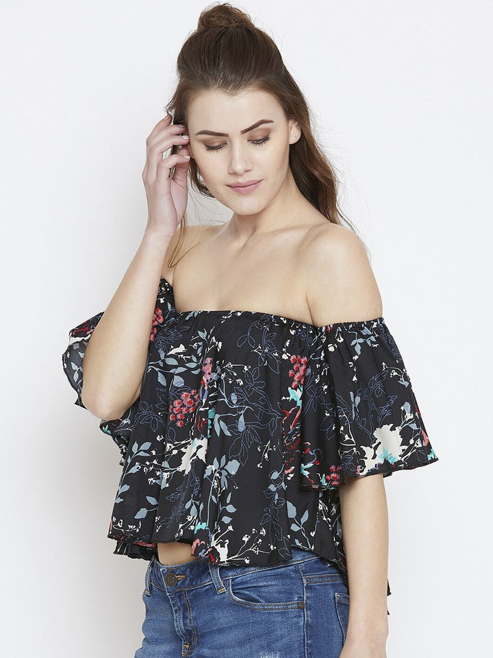 Berrylush Black & Blue Floral Off-Shoulder Flared Sleeves Crepe Bardot Crop Top
