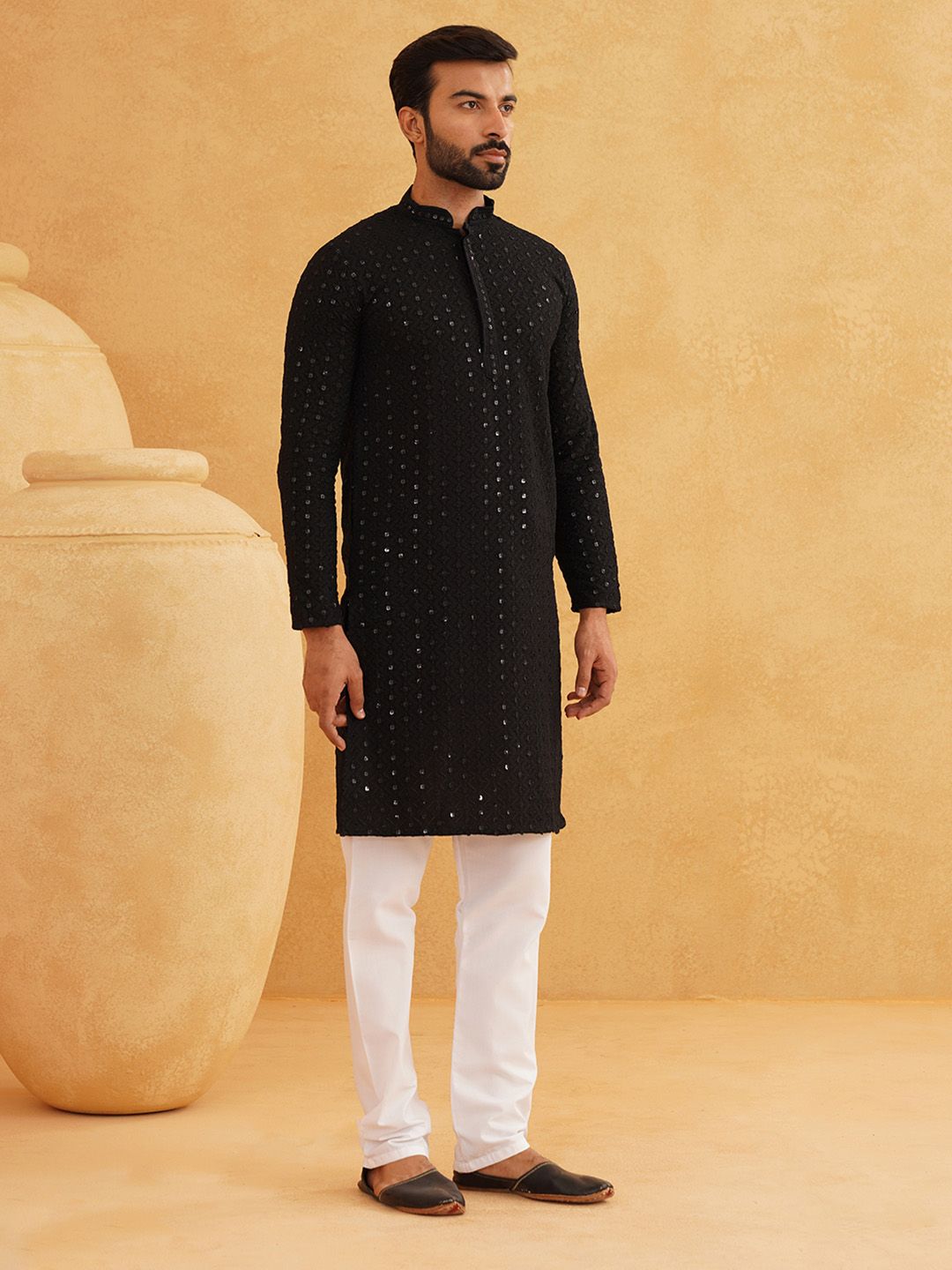 SOJANYA Ethnic Motifs Embroidered Sequined Pure Cotton Kurta with Churidar