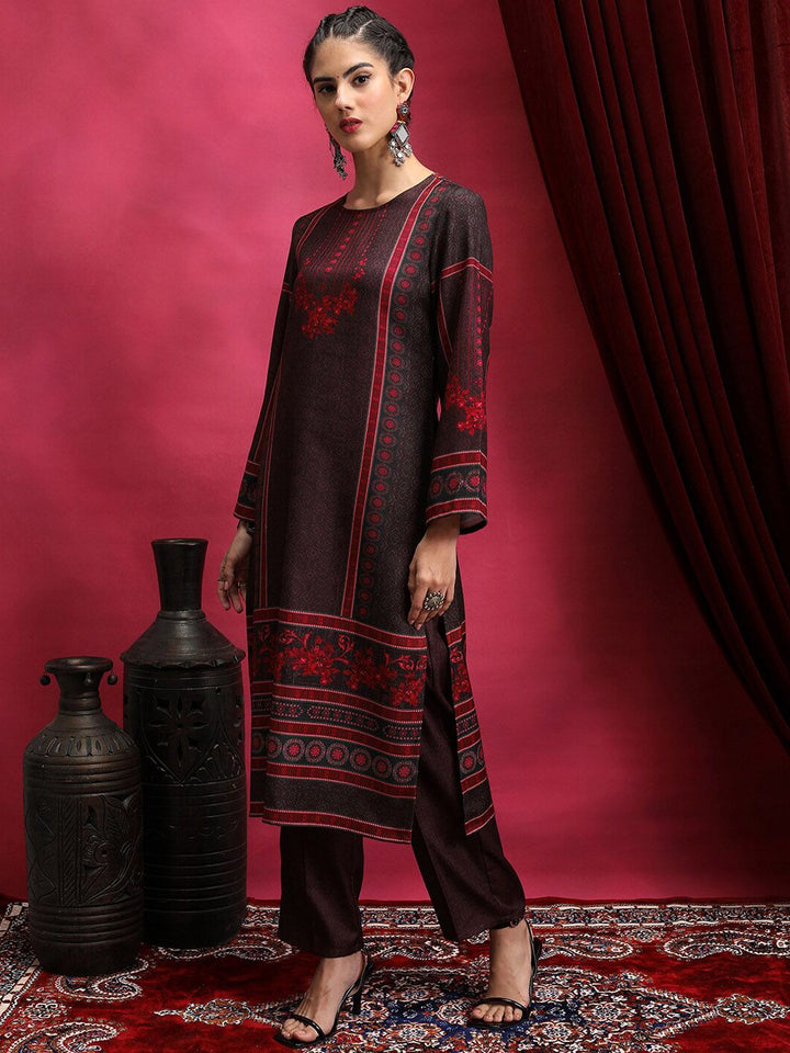Vishudh Maroon Floral Printed Round Neck Straight Kurta with Trousers