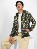 Urbano Fashion Men Olive Green & Black Printed Cotton Hooded Sweatshirt