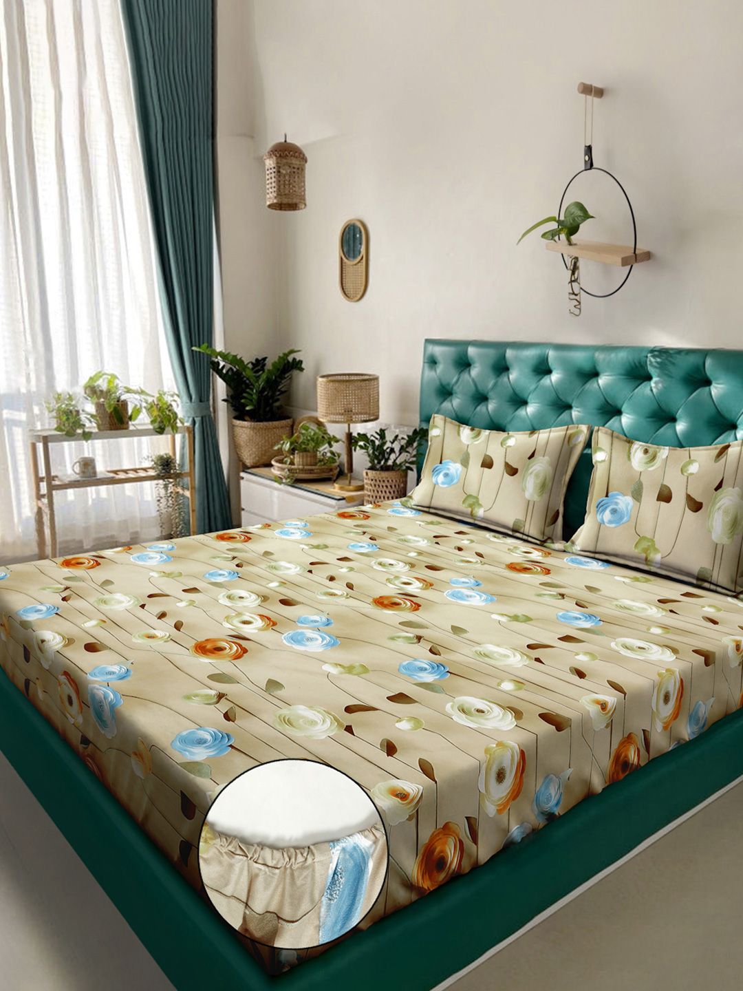 KLOTTHE Beige Floral Fitted 300TC King Superfine 7D Bedsheet & 2 Pillow Covers-2.50mx2.25m
