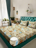 KLOTTHE Beige Floral Fitted 300TC King Superfine 7D Bedsheet & 2 Pillow Covers-2.50mx2.25m