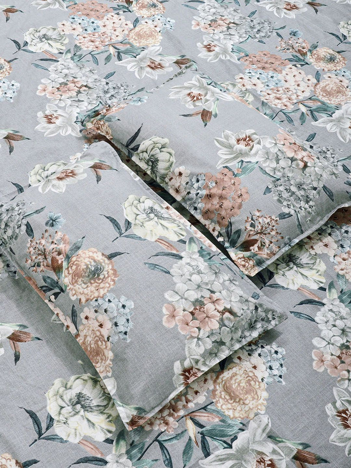 KLOTTHE Grey & Peach Printed 300 TC Double Bedsheet Dengan 2 Sarung Bantal- 2.5 m x 2.25 m