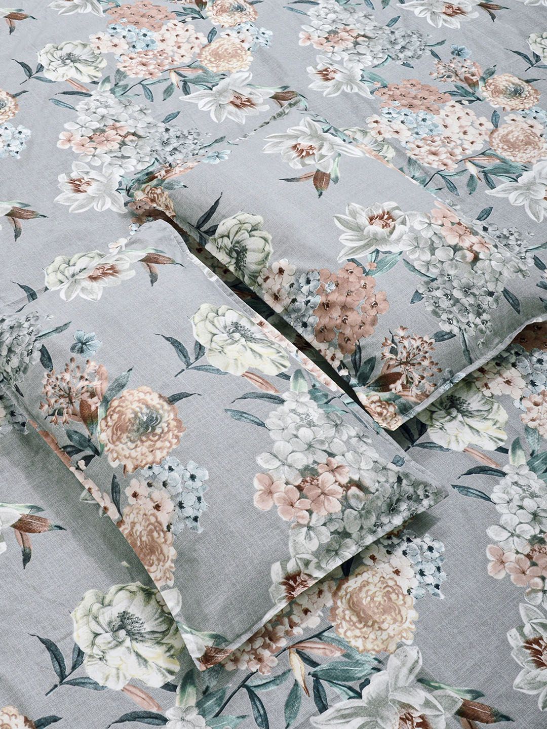 KLOTTHE Grey & Peach Printed 300 TC Double Bedsheet Dengan 2 Sarung Bantal- 2.5 m x 2.25 m