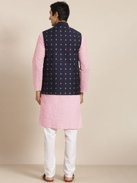 SOJANYA Men Pink Ethnic Motifs Chikankari Pure Cotton Kurta with Churidar & Nehru Jacket
