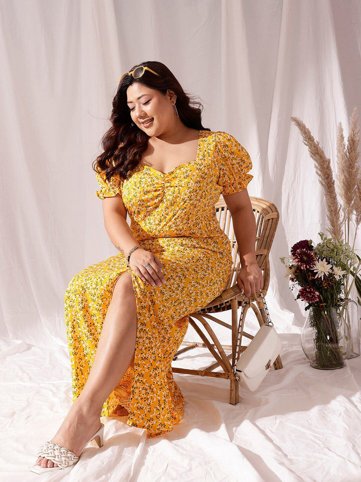 CURVY STREET Yellow Floral Printed Flared Puff Sleevese Fit & Flare Dress