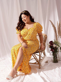 CURVY STREET Yellow Floral Printed Flared Puff Sleevese Fit & Flare Dress