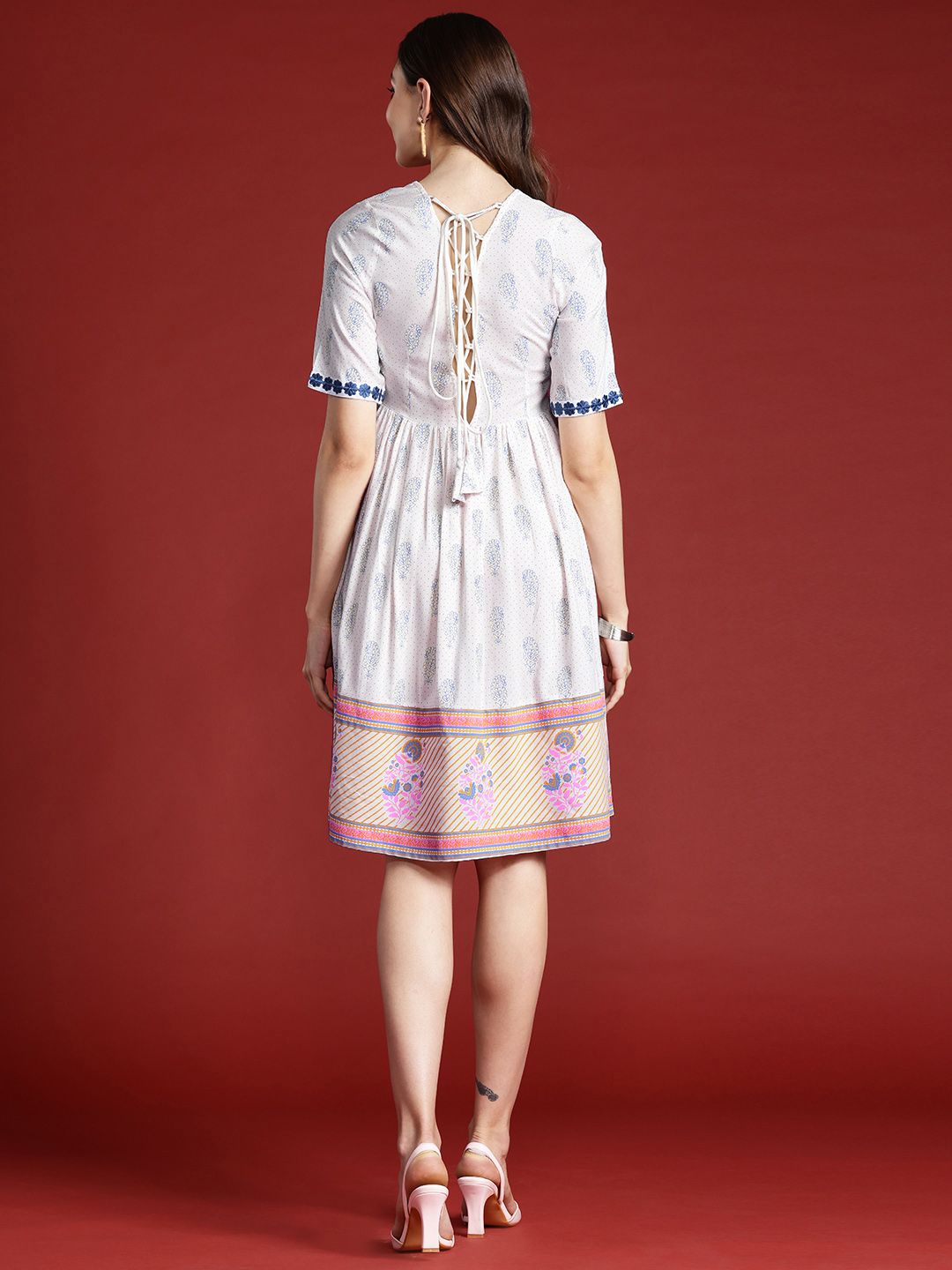 Anouk Ethnic Motifs Print Lace-Up Back A-Line Dress