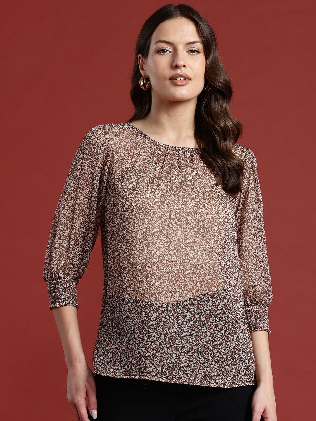 all about you Micro Ditsy Print Puff Sleeve Sheer Top