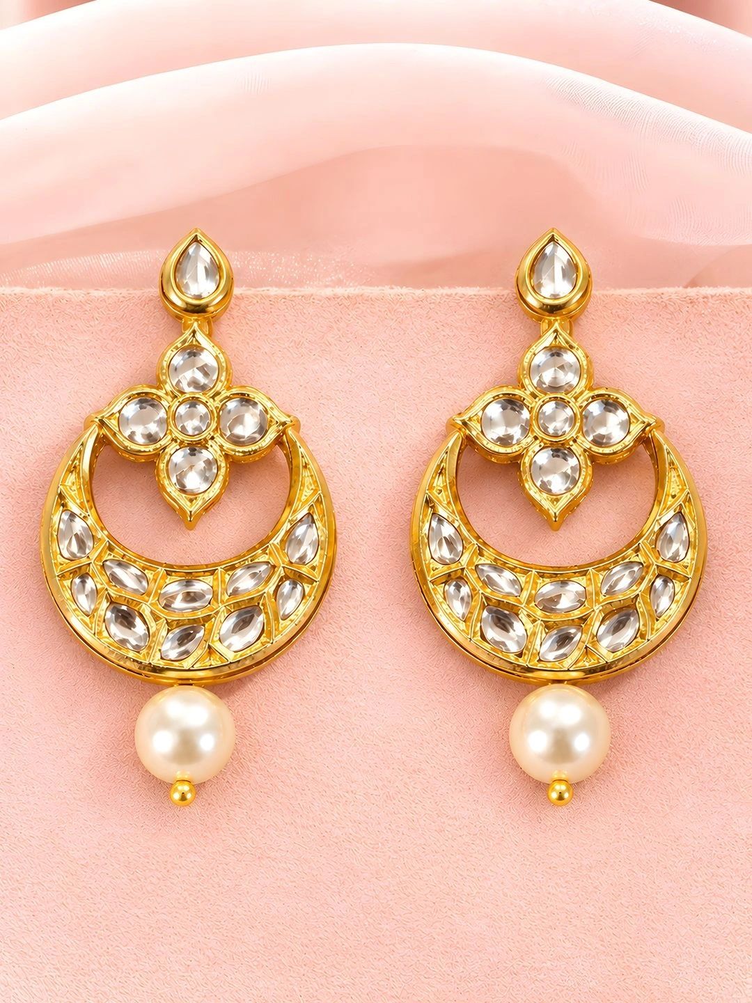 Gold-Toned Floral Crescent Kundan Studded Statement Pearl Drop Earrings