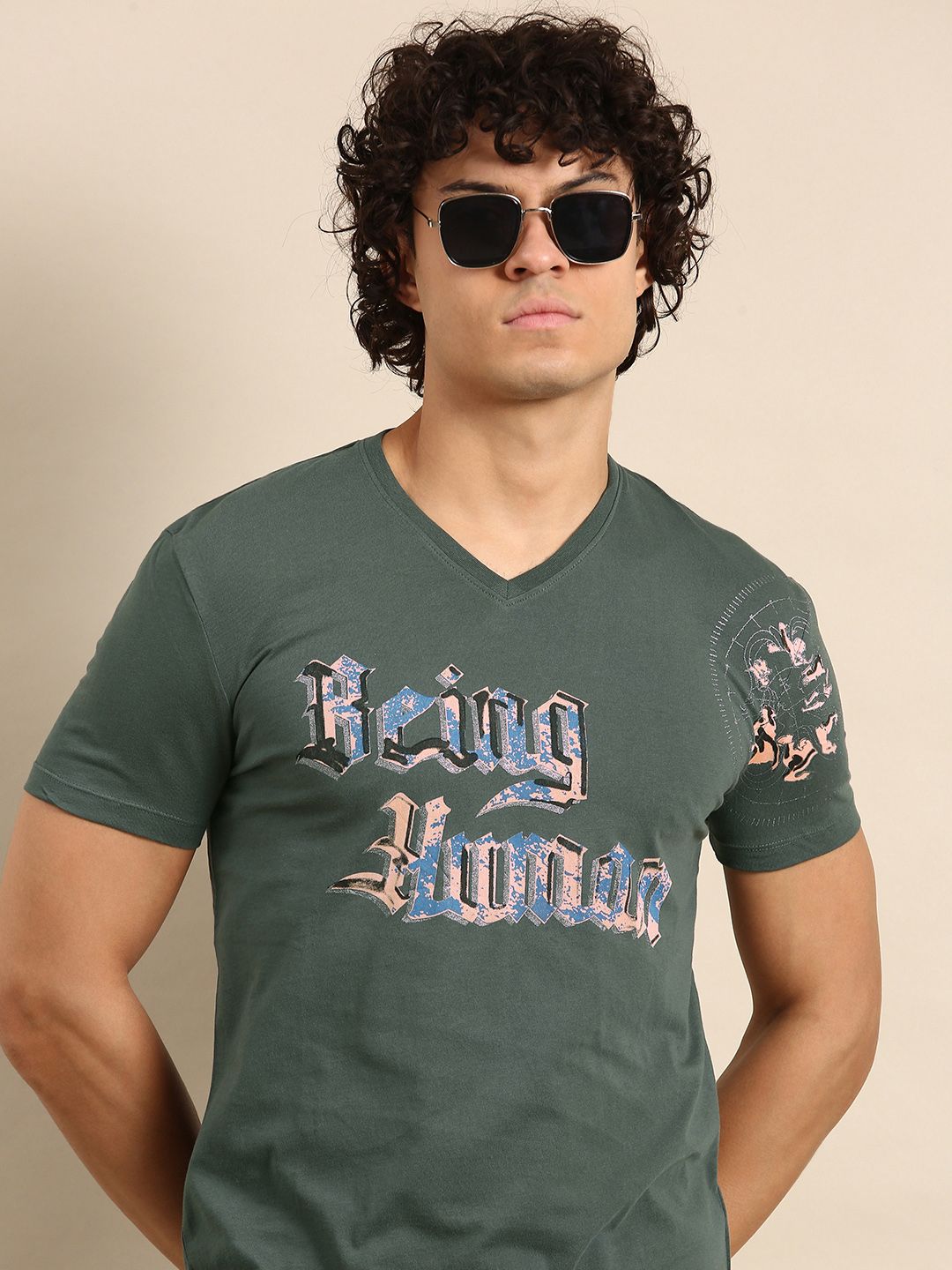 Being Human Graphic Typography Printed V-Neck Pure Cotton Slim Fit T-shirt