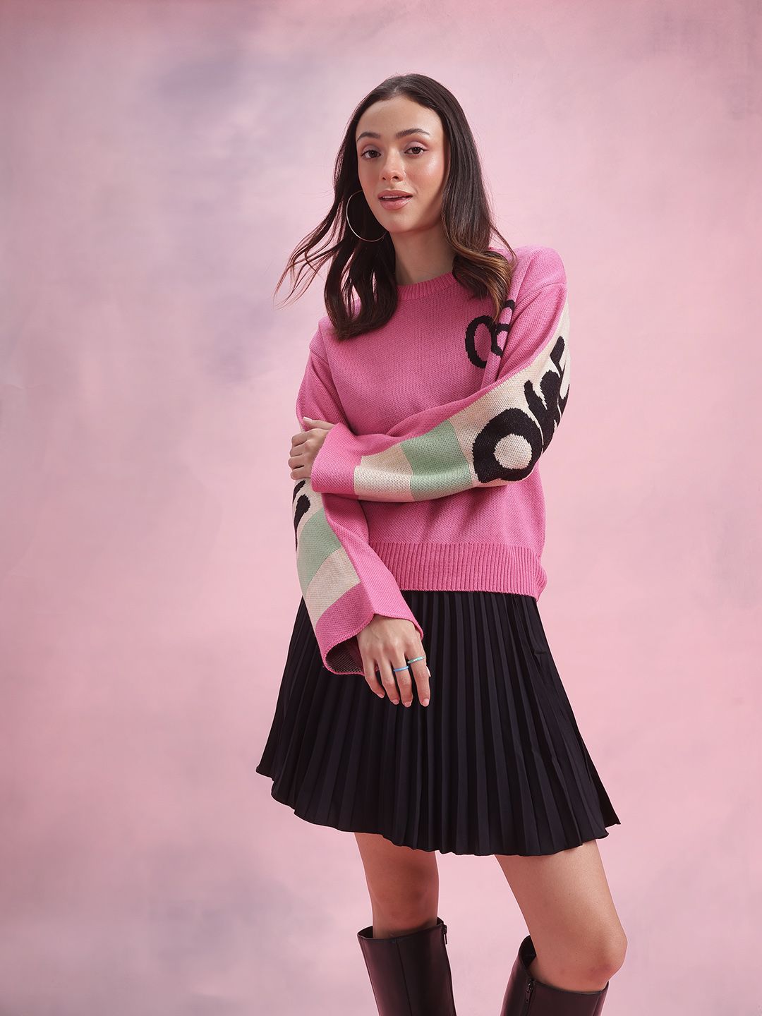 DressBerry Typography Colourblocked Flared Sleeve Pullover