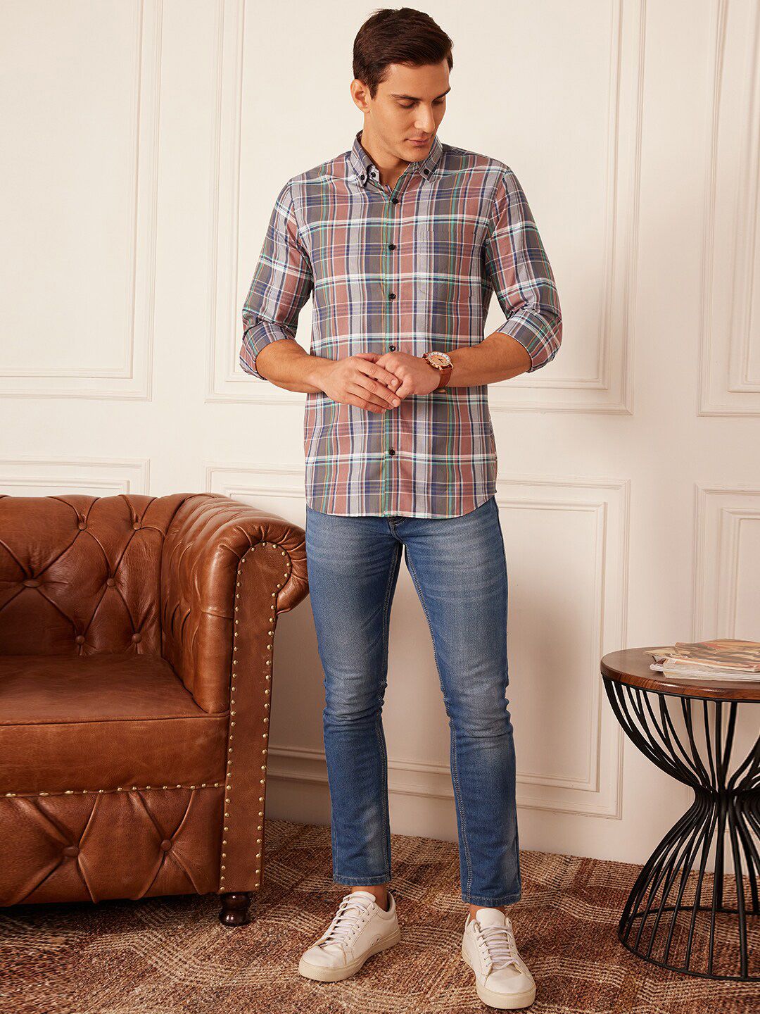 DENNISON Smart Tartan Checked Button-Down Collar Casual Shirt