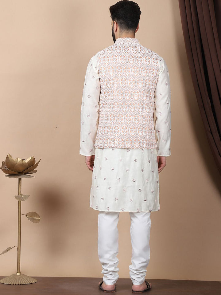 Anouk Cream-Coloured Floral Embroidered Cotton Silk Kurta with Churidar & Nehru Jacket