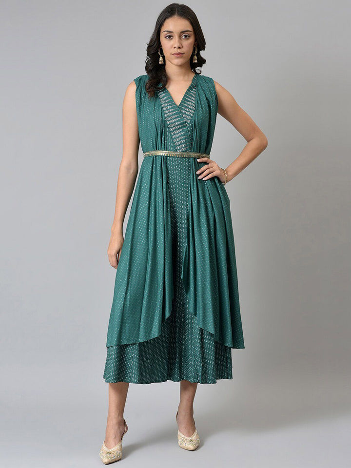 W Women Green Gilet Kimono Jumpsuit With Embellished Belt
