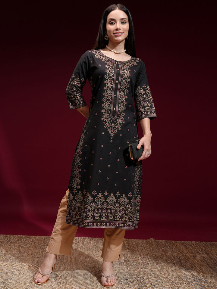 Vishudh Women Black & Golden Printed Straight Kurta