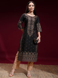 Vishudh Women Black & Golden Printed Straight Kurta