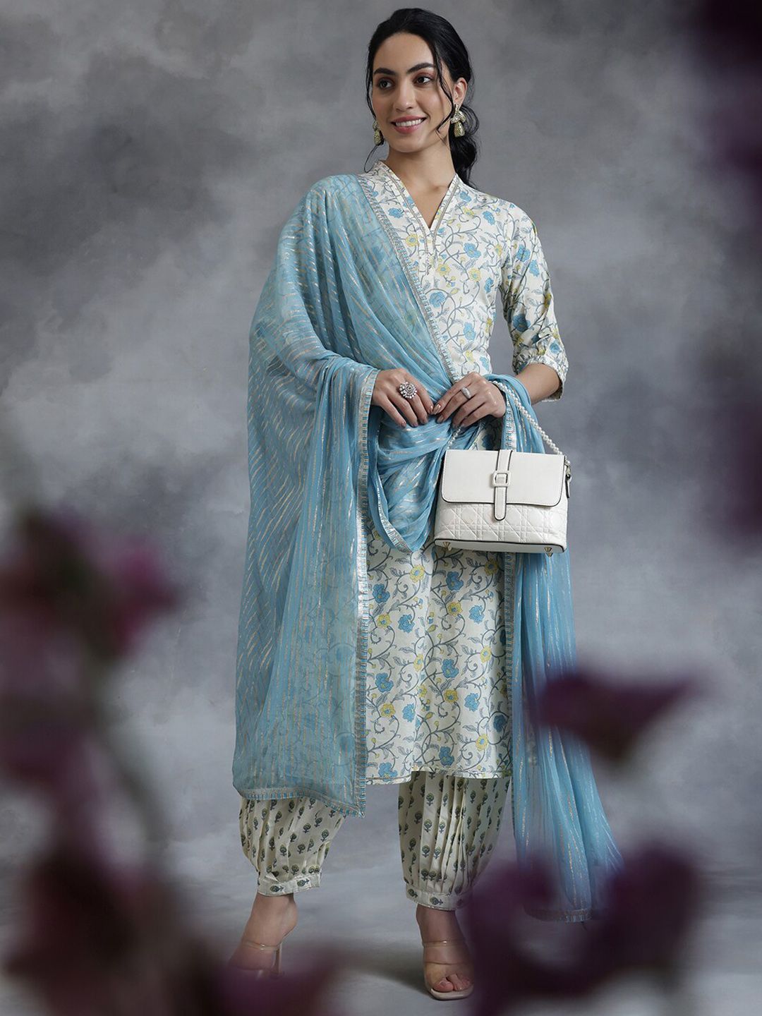 Libas Floral Printed Straight Gotta Patti Pure Cotton Kurta with Salwar & Dupatta