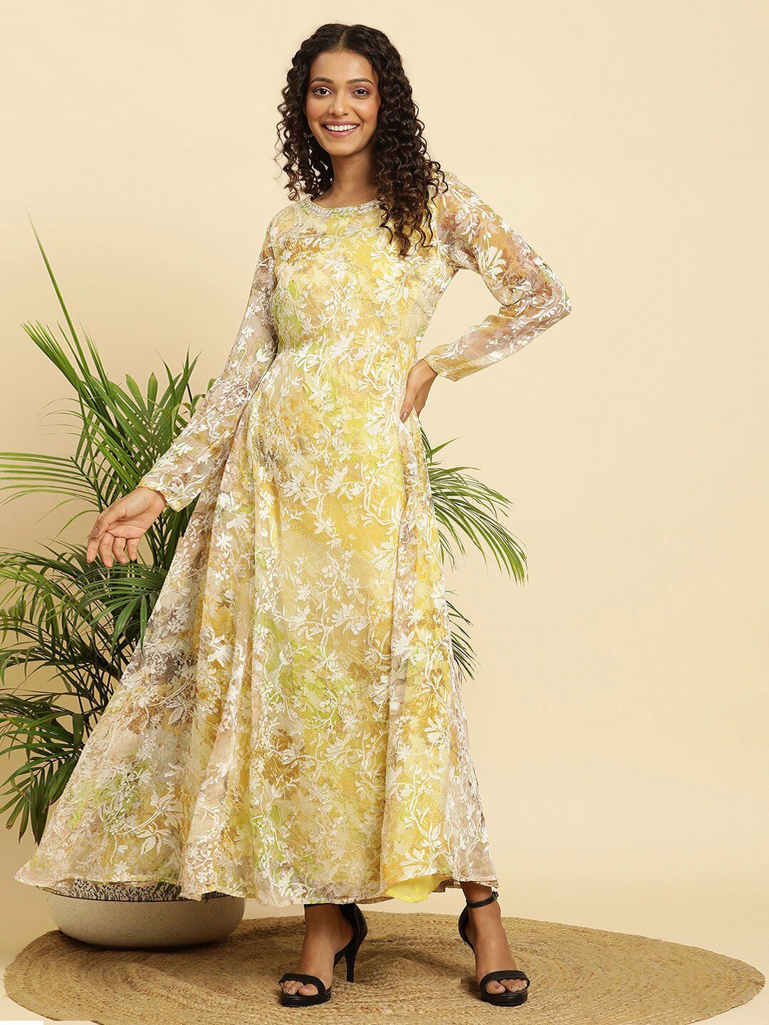 W Self Design Round Neck Maxi Dress