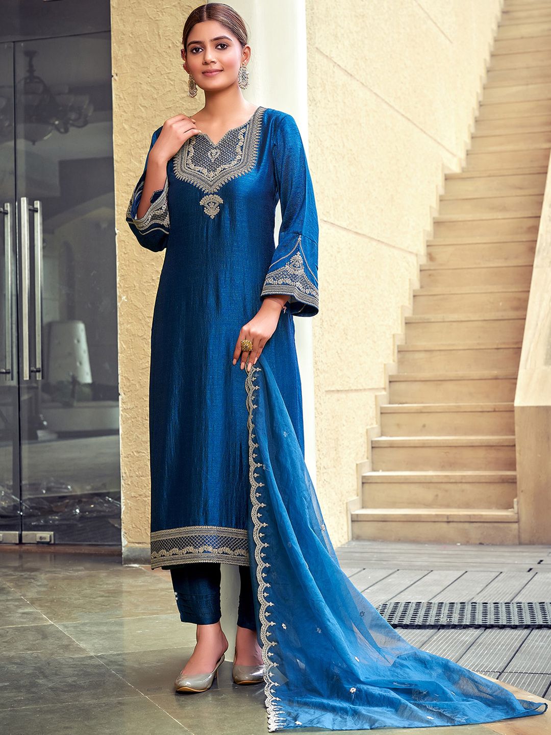 Indo Era Ethnic Motifs Yoke Design Thread Work Straight Kurta & Trouser With Dupatta