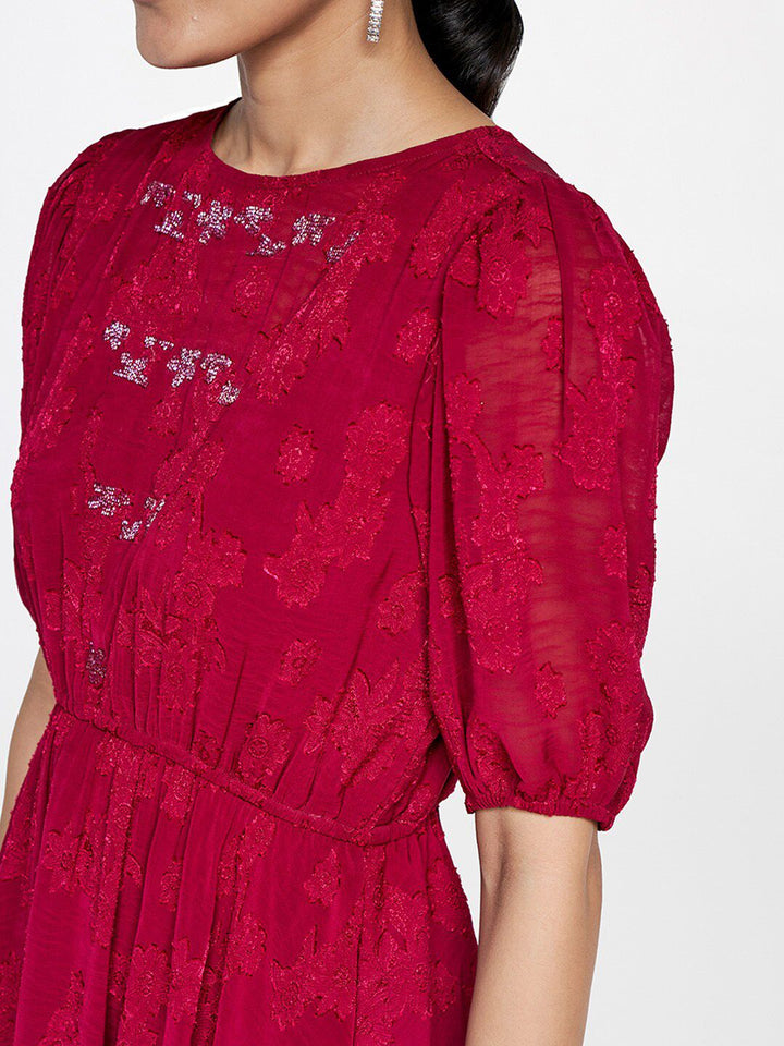 AND Maroon Puff Sleeve Fit & Flare Dress