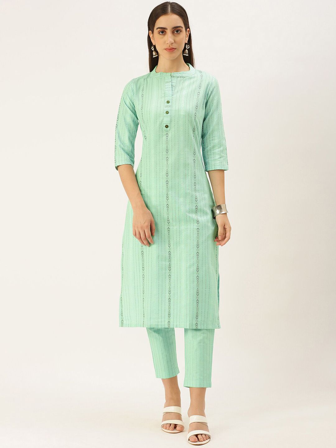 KALINI Striped Mandarin Collar Straight Kurta with Trousers